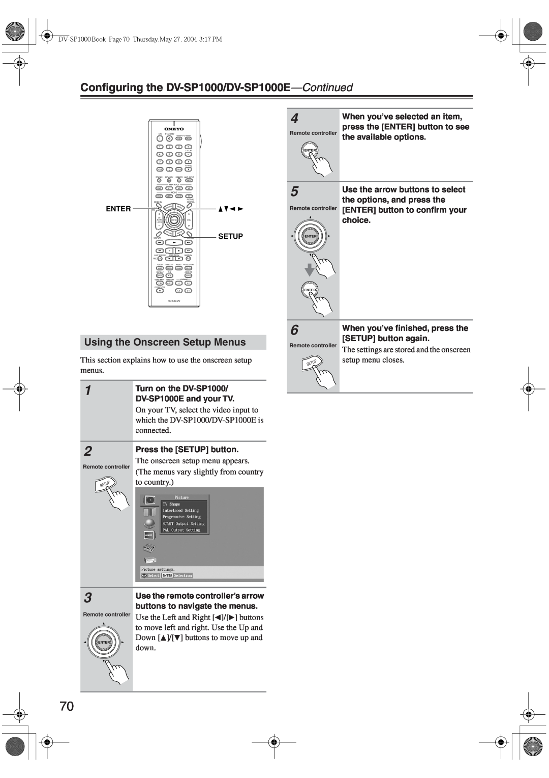 Onkyo instruction manual Using the Onscreen Setup Menus, Conﬁguring the DV-SP1000/DV-SP1000E—Continued 