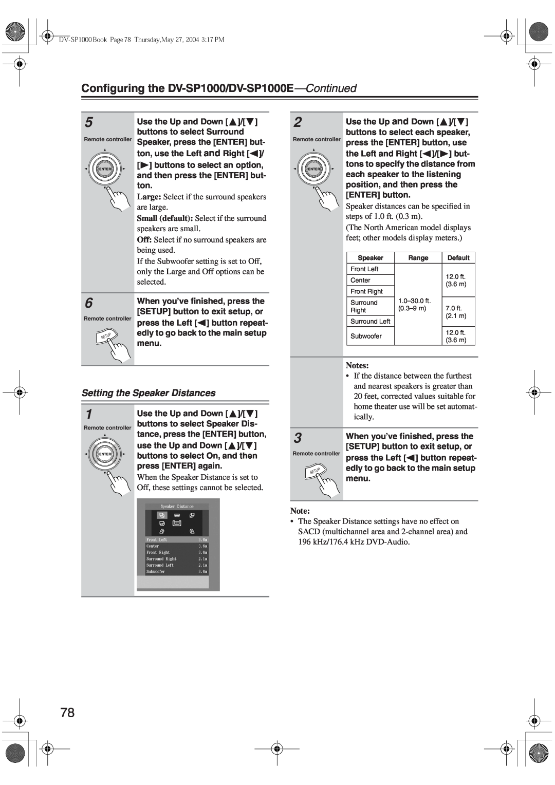 Onkyo instruction manual Setting the Speaker Distances, Conﬁguring the DV-SP1000/DV-SP1000E—Continued 