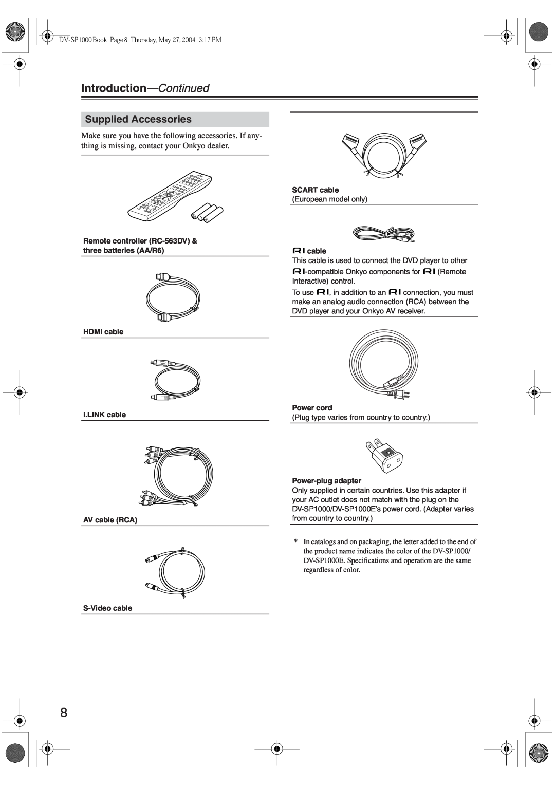 Onkyo DV-SP1000E instruction manual Introduction—Continued, Supplied Accessories 