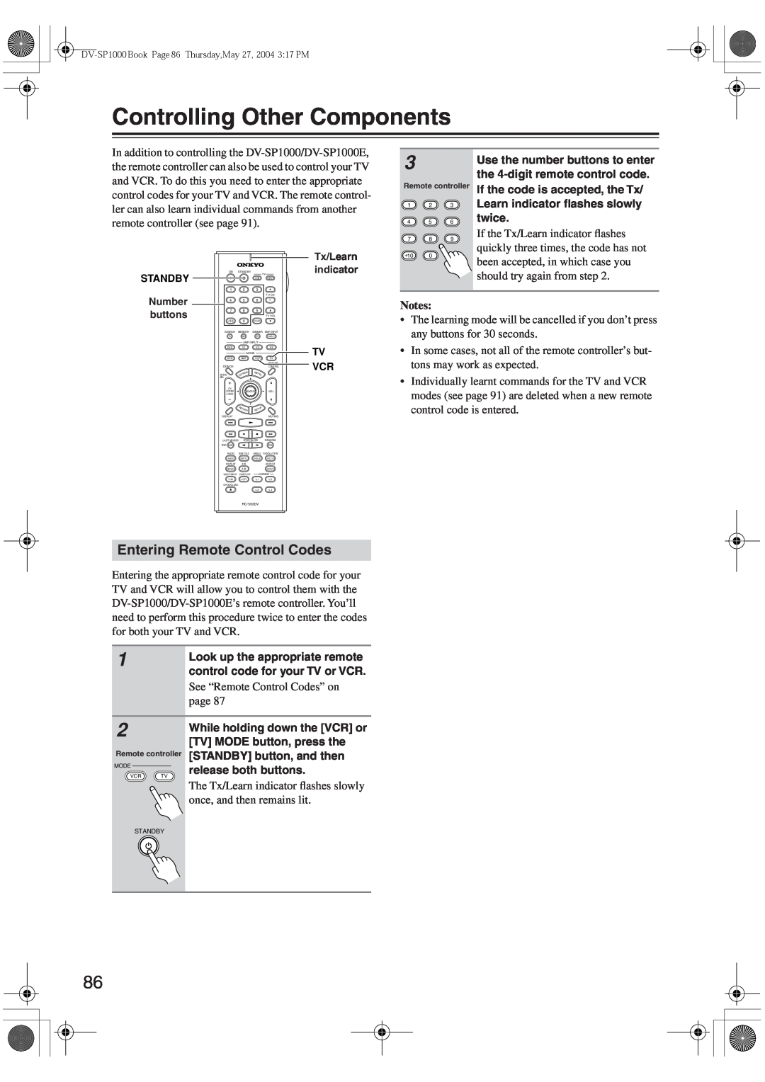 Onkyo DV-SP1000E Controlling Other Components, Entering Remote Control Codes, See “Remote Control Codes” on, page, Notes 