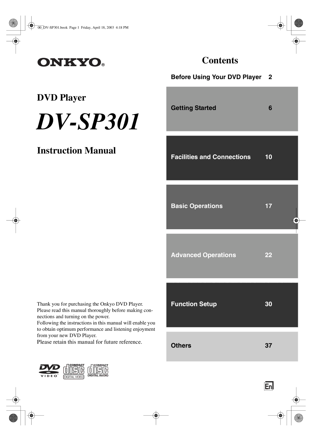 Onkyo DV-SP301 instruction manual Before Using Your DVD Player, Getting Started, Others37 