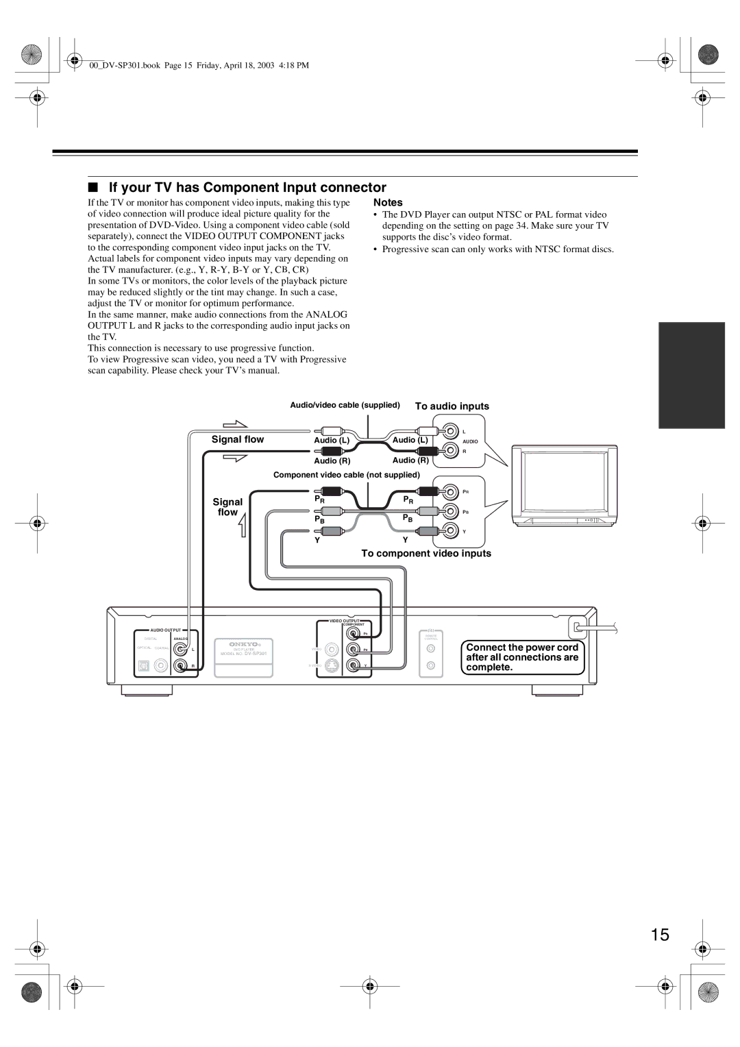 Onkyo DV-SP301 instruction manual If your TV has Component Input connector, To component video inputs, Complete 