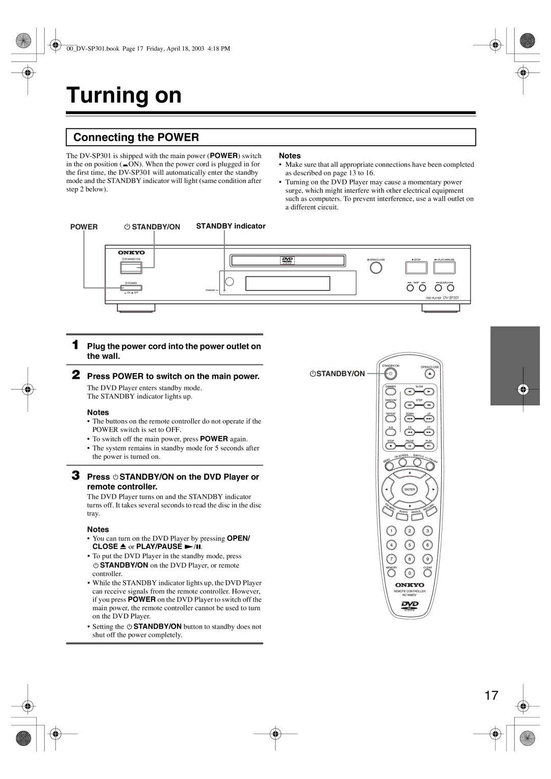 Onkyo DV-SP301 Turning on, Connecting the Power, Press STANDBY/ON on the DVD Player or remote controller, Standby/On 