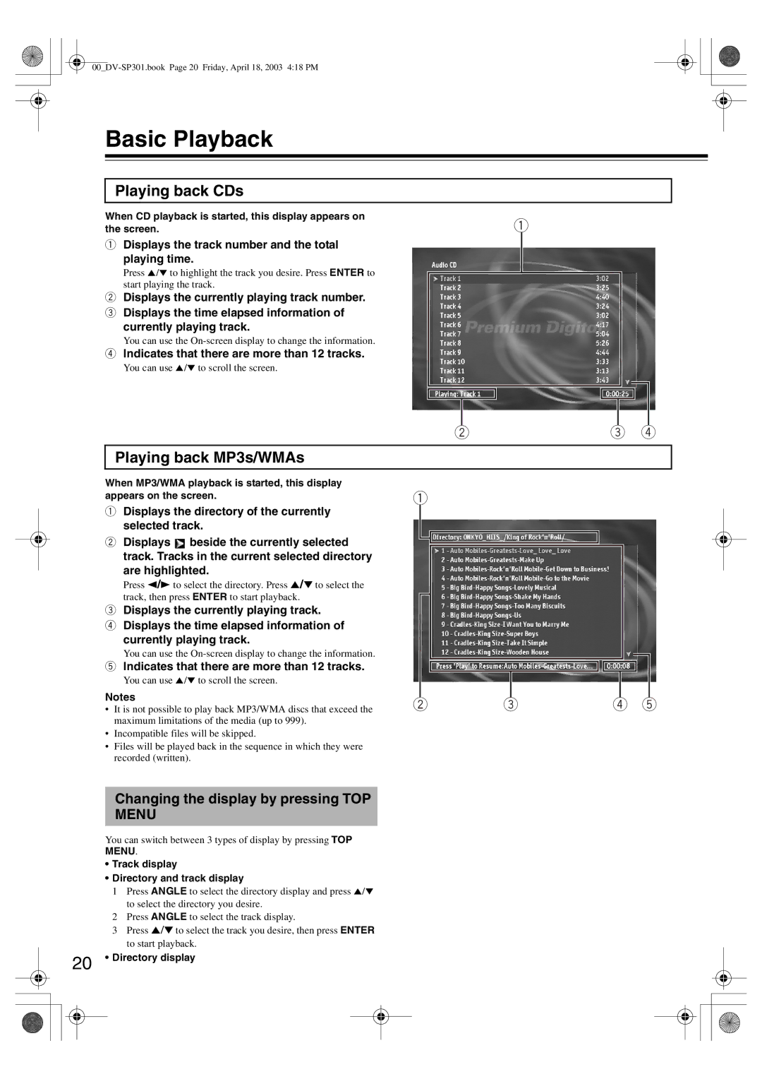 Onkyo DV-SP301 Basic Playback, Playing back CDs, Playing back MP3s/WMAs, Changing the display by pressing TOP Menu 