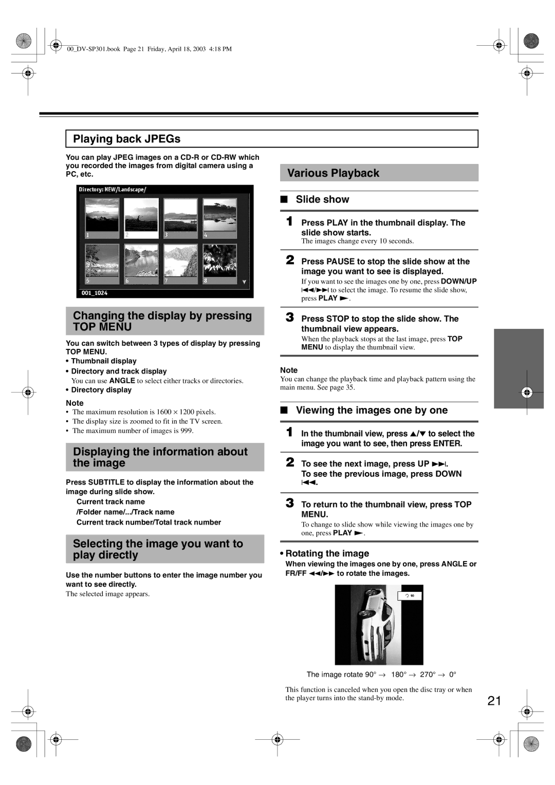 Onkyo DV-SP301 Playing back JPEGs, Changing the display by pressing, Displaying the information about the image 