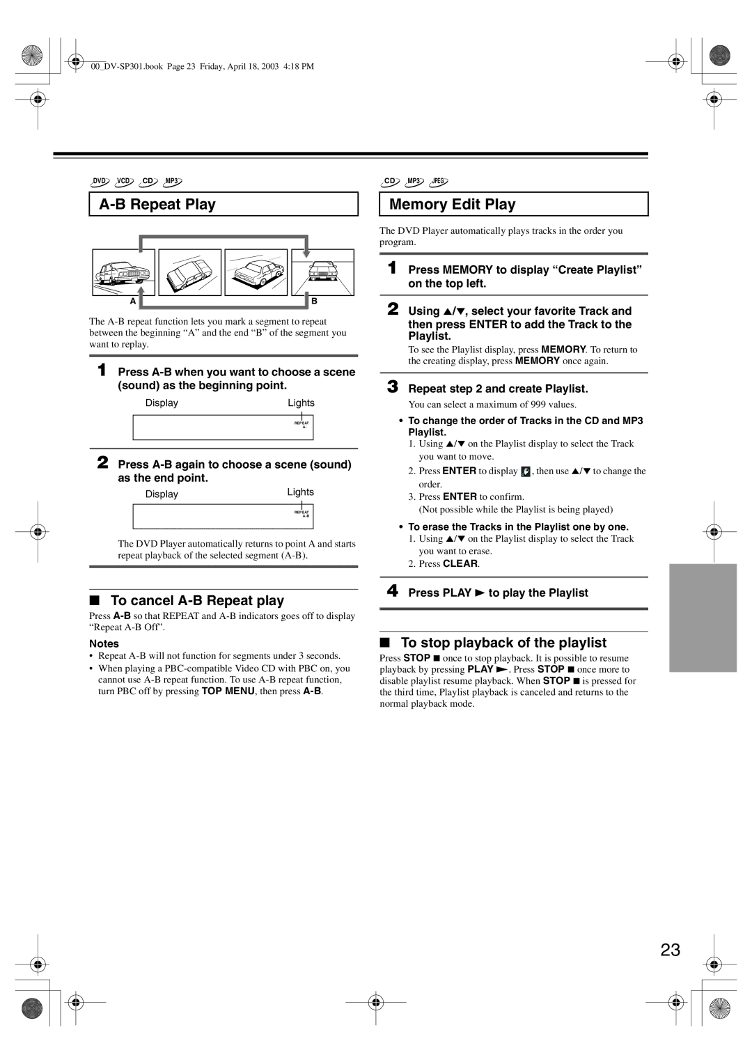 Onkyo DV-SP301 instruction manual Memory Edit Play, To cancel A-B Repeat play, To stop playback of the playlist 