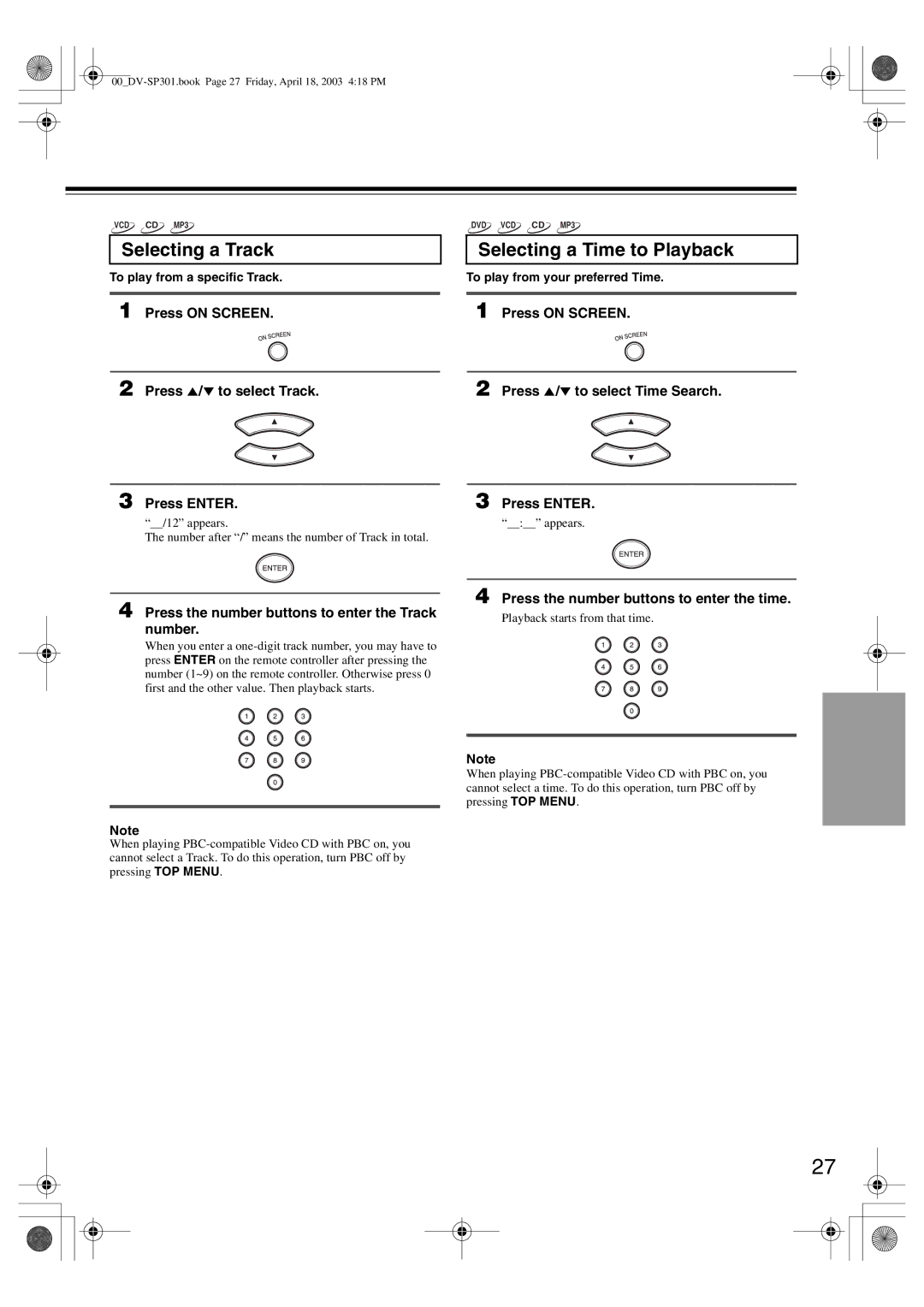 Onkyo DV-SP301 Selecting a Track, Selecting a Time to Playback, Press the number buttons to enter the Track number 