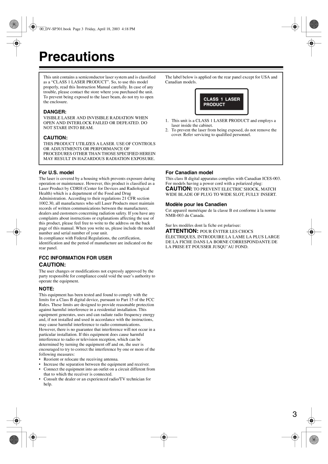 Onkyo DV-SP301 instruction manual Precautions, For U.S. model, For Canadian model, Modèle pour les Canadien 