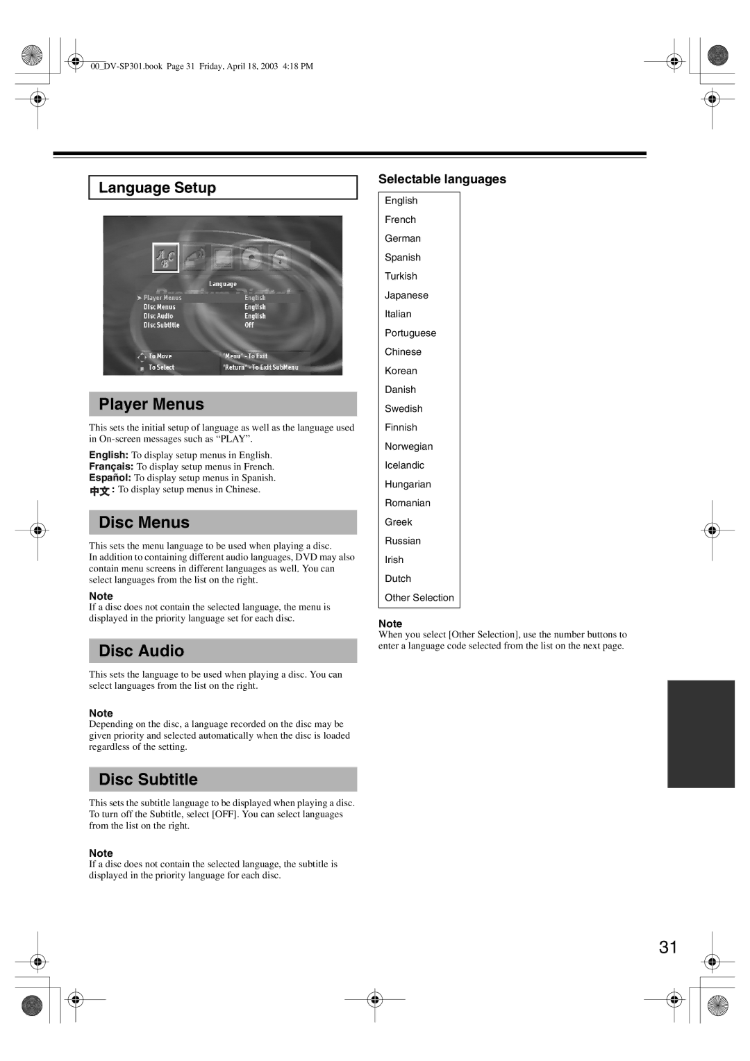 Onkyo DV-SP301 instruction manual Language Setup, Selectable languages 