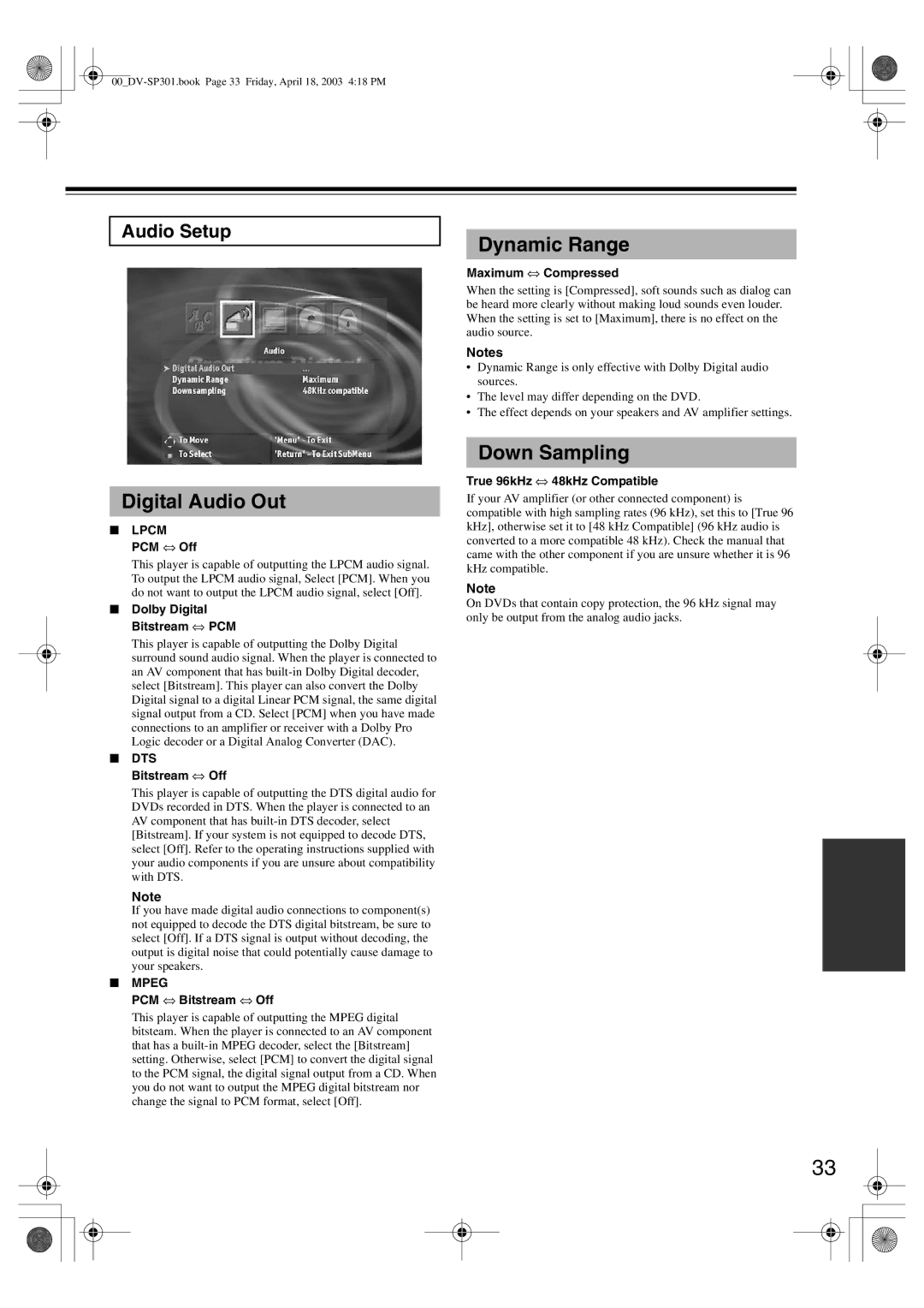 Onkyo DV-SP301 instruction manual Audio Setup, Dts, Mpeg 