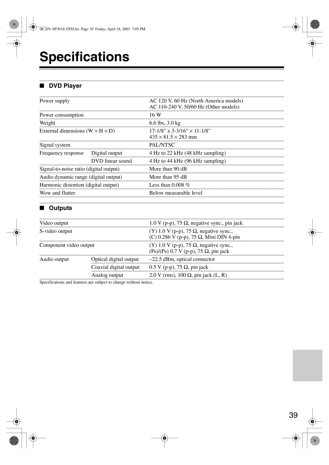 Onkyo DV-SP301 instruction manual Specifications, DVD Player, Outputs 