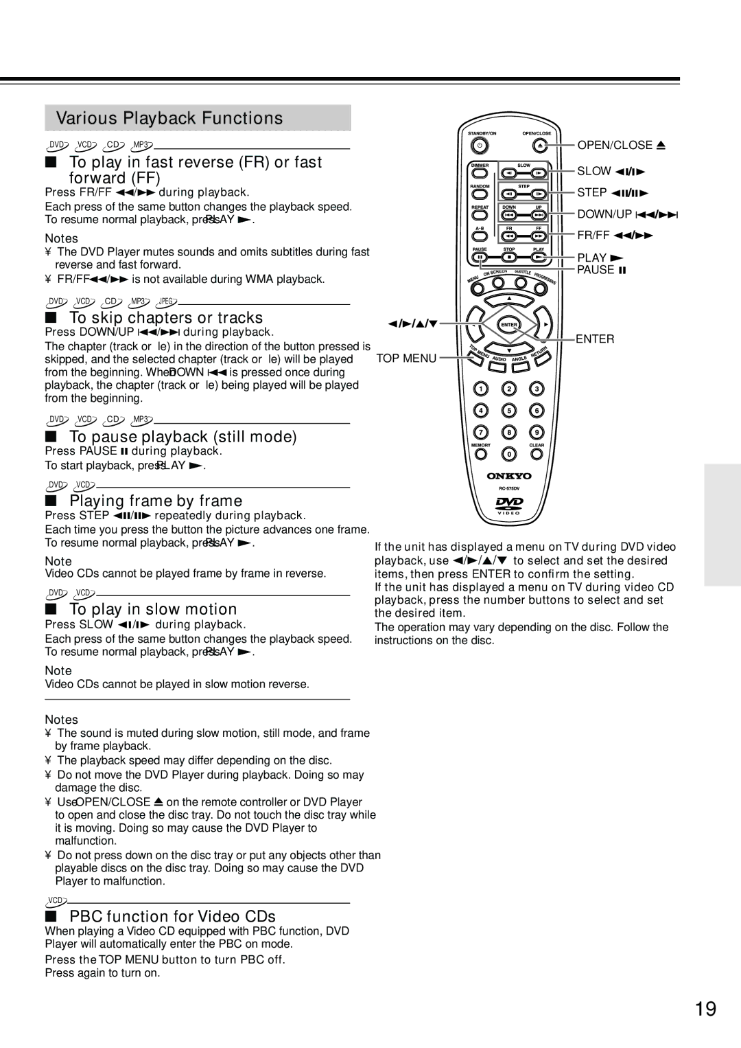 Onkyo DV-SP302 instruction manual Various Playback Functions 