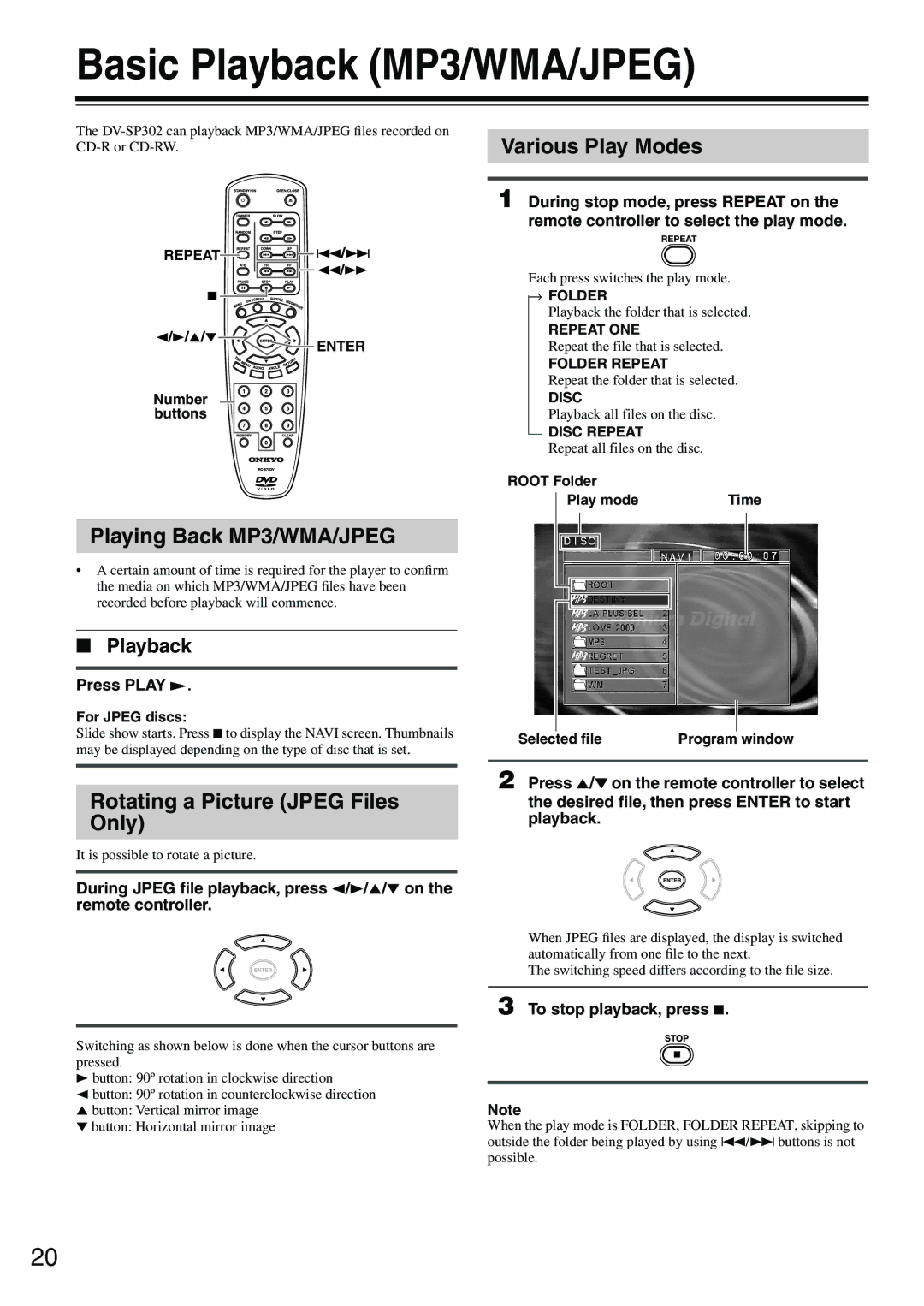 Onkyo DV-SP302 Basic Playback MP3/WMA/JPEG, Playing Back MP3/WMA/JPEG, Rotating a Picture Jpeg Files Only 