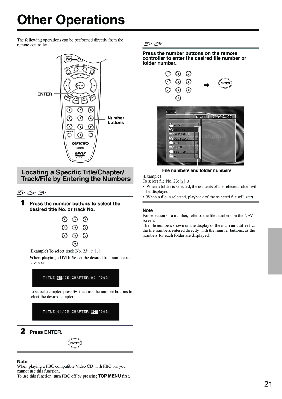 Onkyo DV-SP302 instruction manual Other Operations, Press Enter, File numbers and folder numbers 