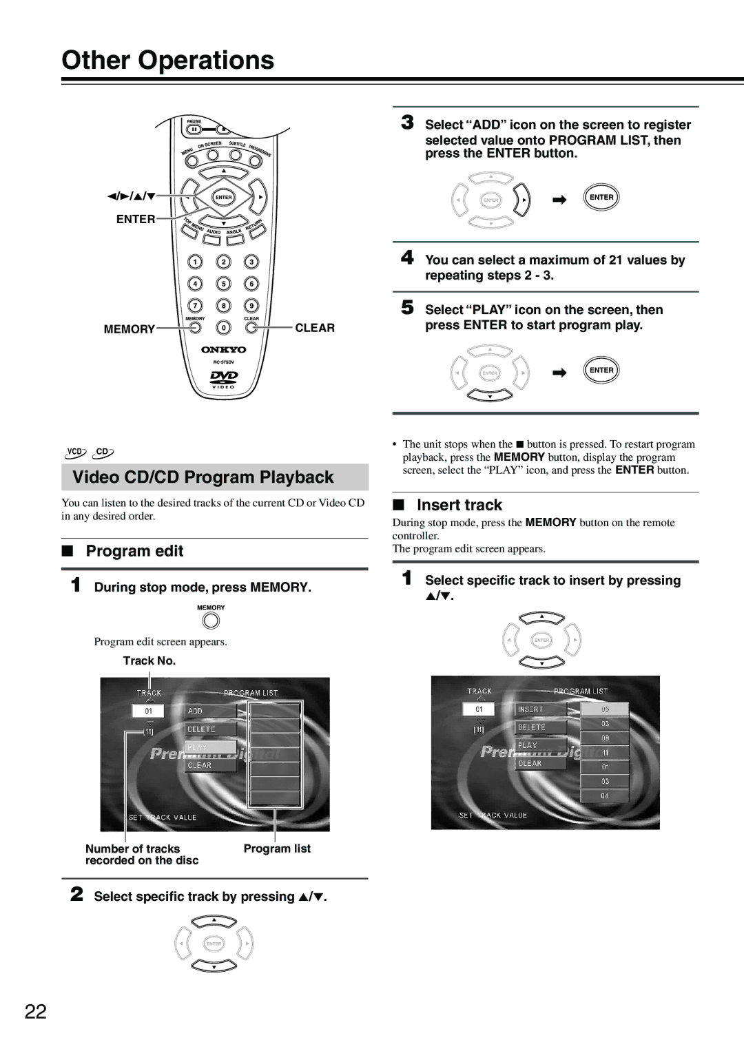 Onkyo DV-SP302 instruction manual Other Operations, Video CD/CD Program Playback, Program edit, Insert track 