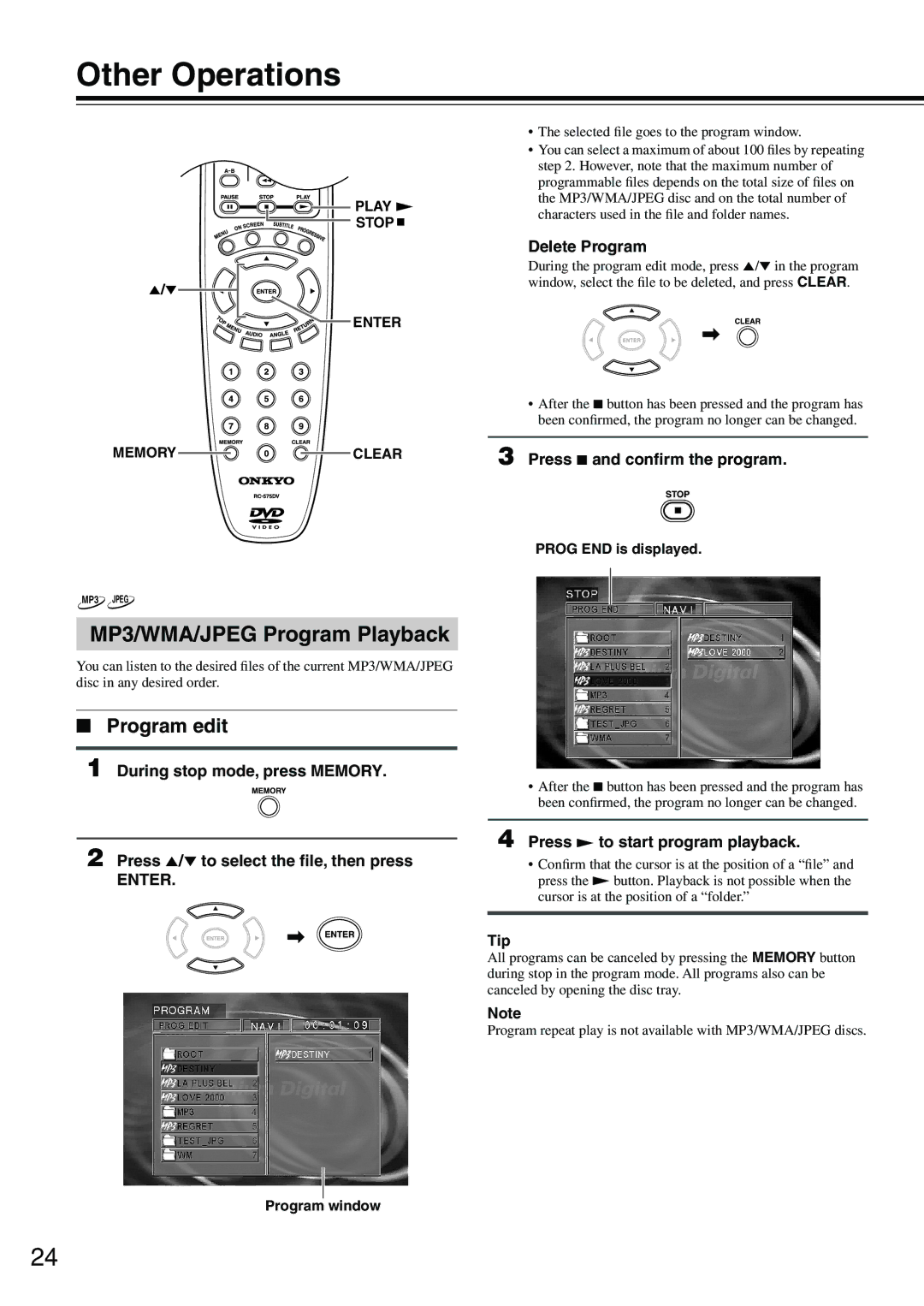 Onkyo DV-SP302 instruction manual MP3/WMA/JPEG Program Playback, Delete Program, Press 7 and conﬁrm the program 