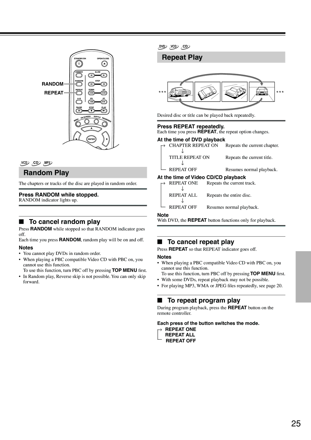 Onkyo DV-SP302 Repeat Play, Random Play, To cancel random play, To cancel repeat play, To repeat program play 