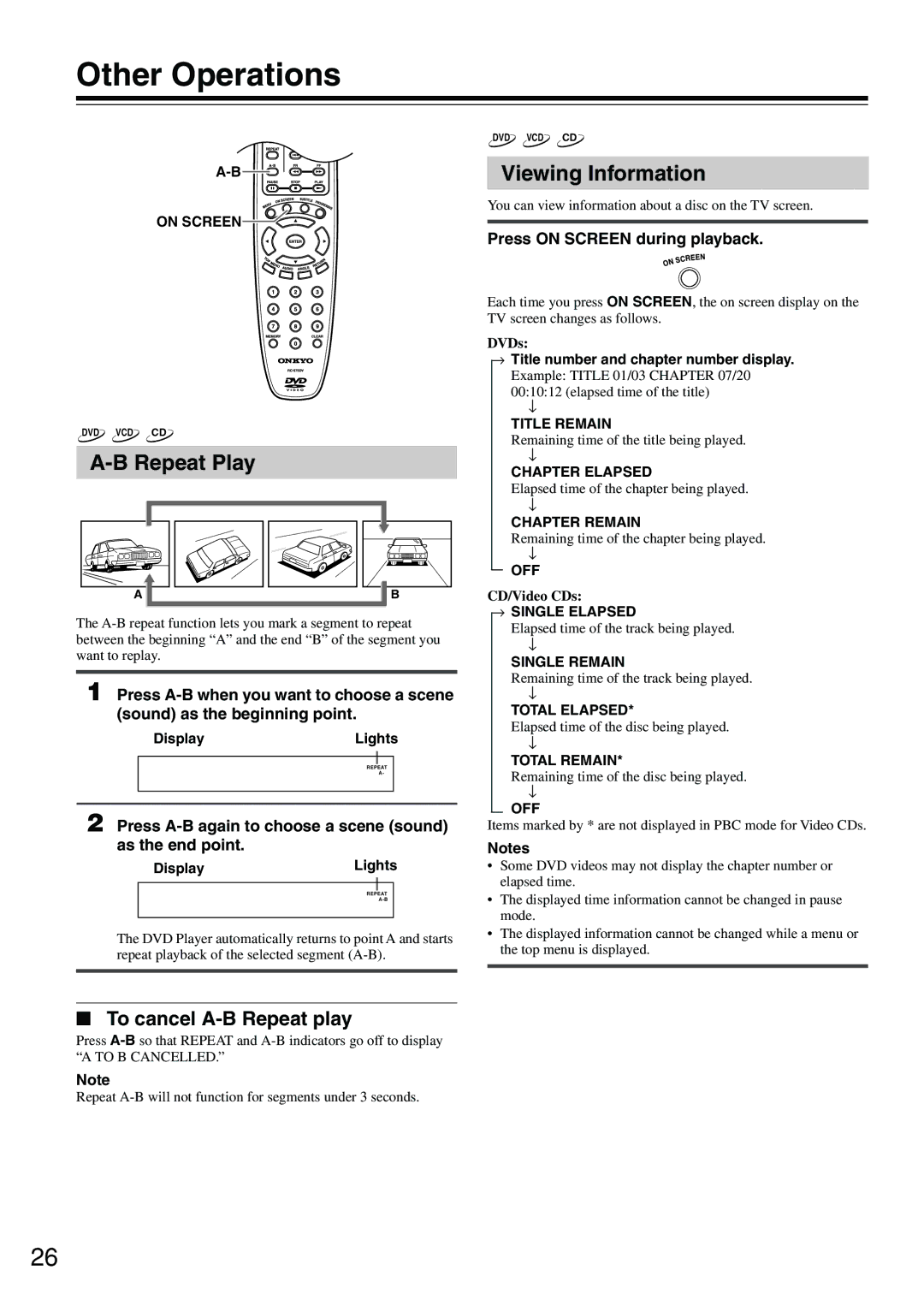 Onkyo DV-SP302 Viewing Information, To cancel A-B Repeat play, Press A-B again to choose a scene sound as the end point 