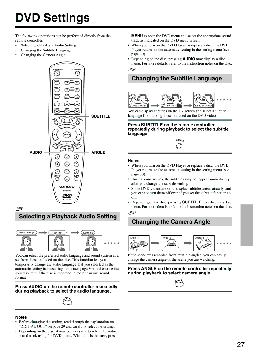 Onkyo DV-SP302 DVD Settings, Selecting a Playback Audio Setting, Changing the Subtitle Language, Changing the Camera Angle 