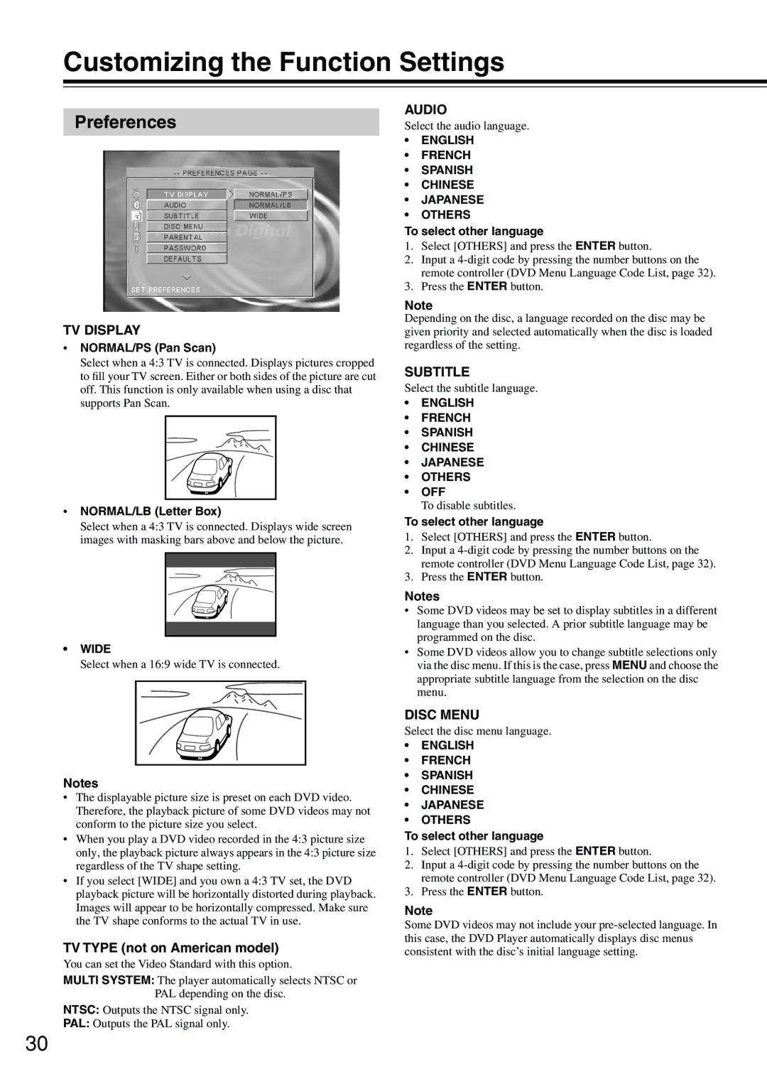 Onkyo DV-SP302 instruction manual Customizing the Function Settings, Preferences, TV Type not on American model 