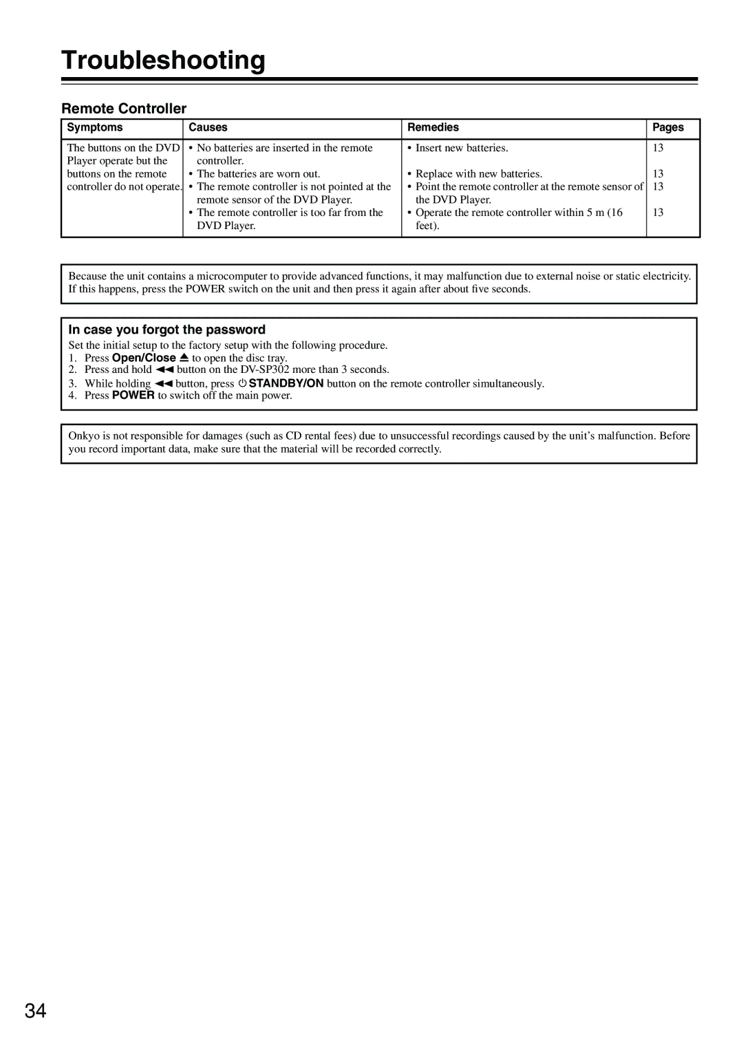 Onkyo DV-SP302 instruction manual Troubleshooting, Case you forgot the password, Remote sensor of the DVD Player 