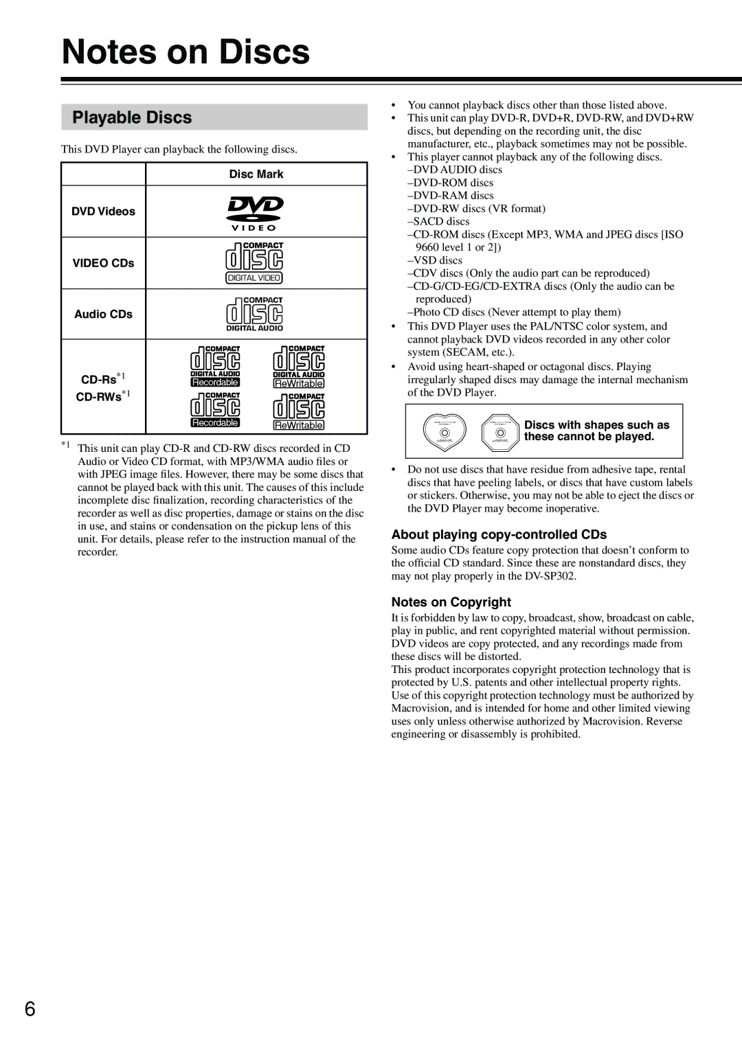 Onkyo DV-SP302 Playable Discs, About playing copy-controlled CDs, This DVD Player can playback the following discs 