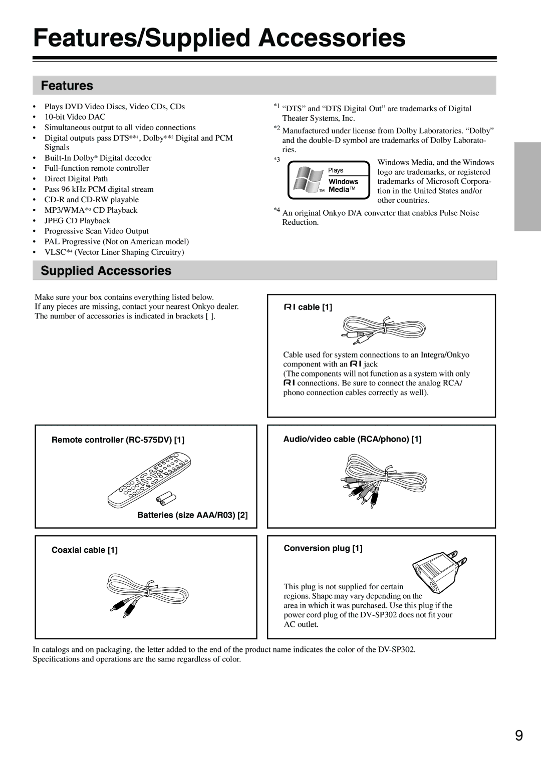 Onkyo DV-SP302 instruction manual Features/Supplied Accessories, Cable 