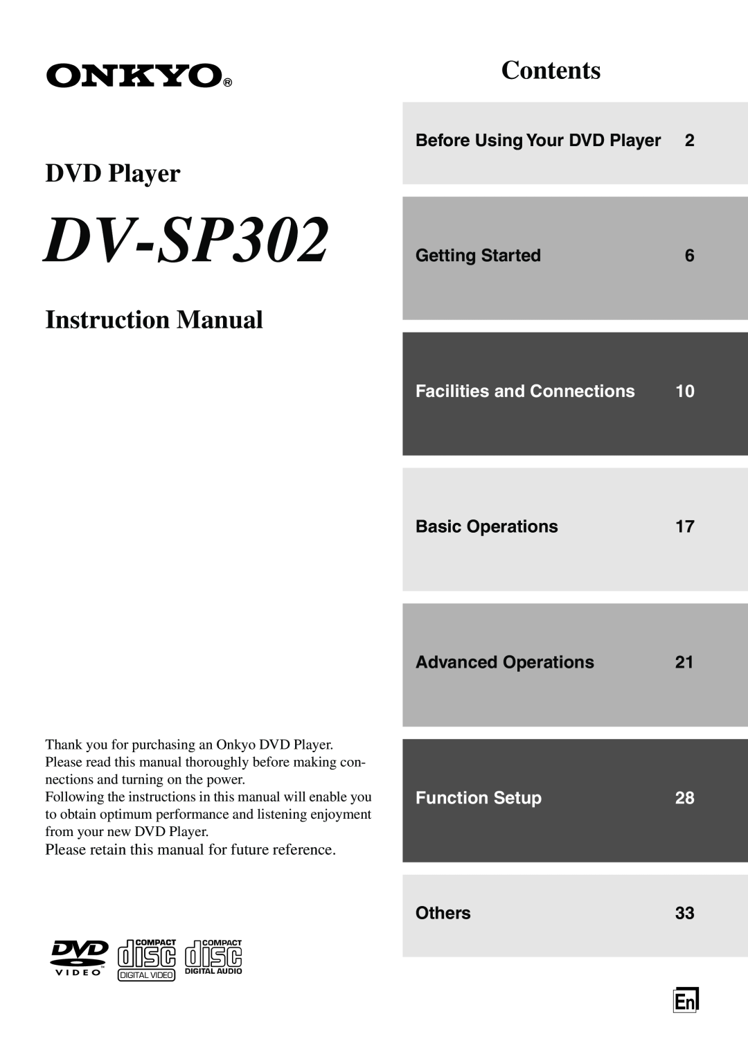 Onkyo DV-SP302 instruction manual Before Using Your DVD Player, Getting Started, Facilities and Connections, Others33 