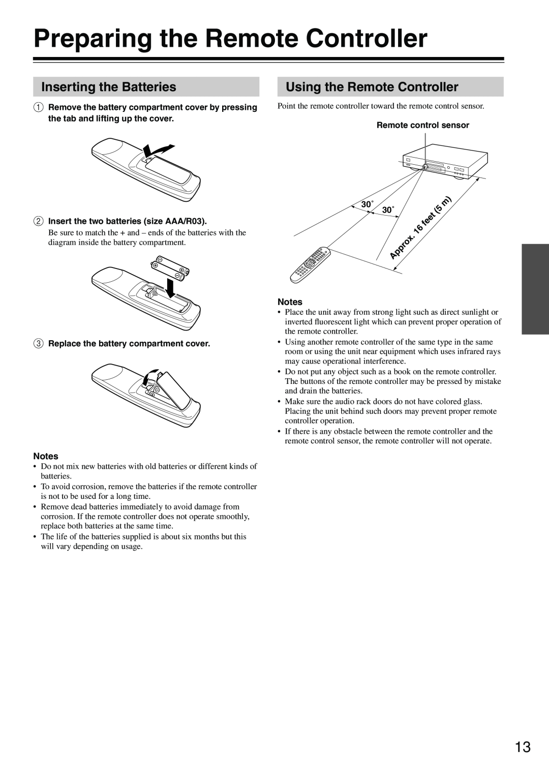 Onkyo DV-SP302 instruction manual Preparing the Remote Controller, Inserting the Batteries, Using the Remote Controller 