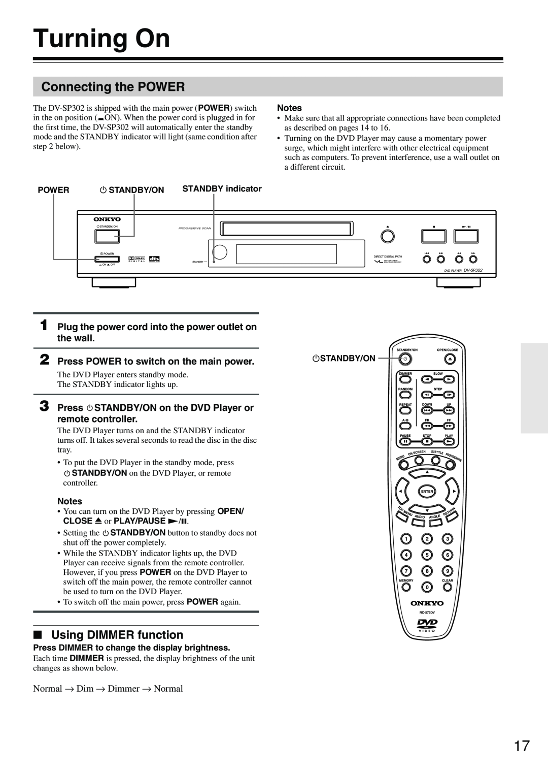 Onkyo DV-SP302 Turning On, Connecting the POWER, Using DIMMER function, Press POWER to switch on the main power 