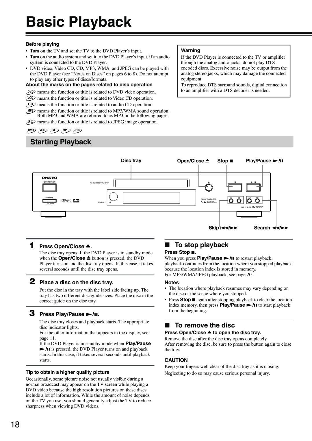 Onkyo DV-SP302 instruction manual Basic Playback, Starting Playback, To stop playback, To remove the disc, Press Open/Close 