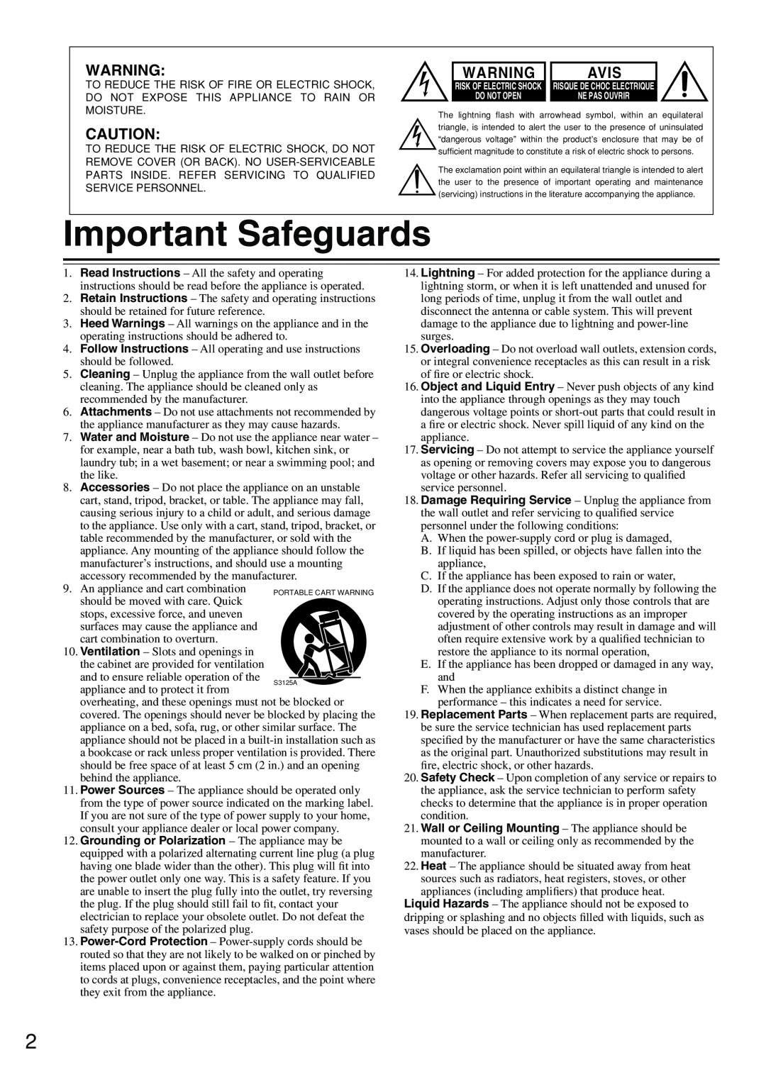 Onkyo DV-SP302 instruction manual Important Safeguards, Avis 