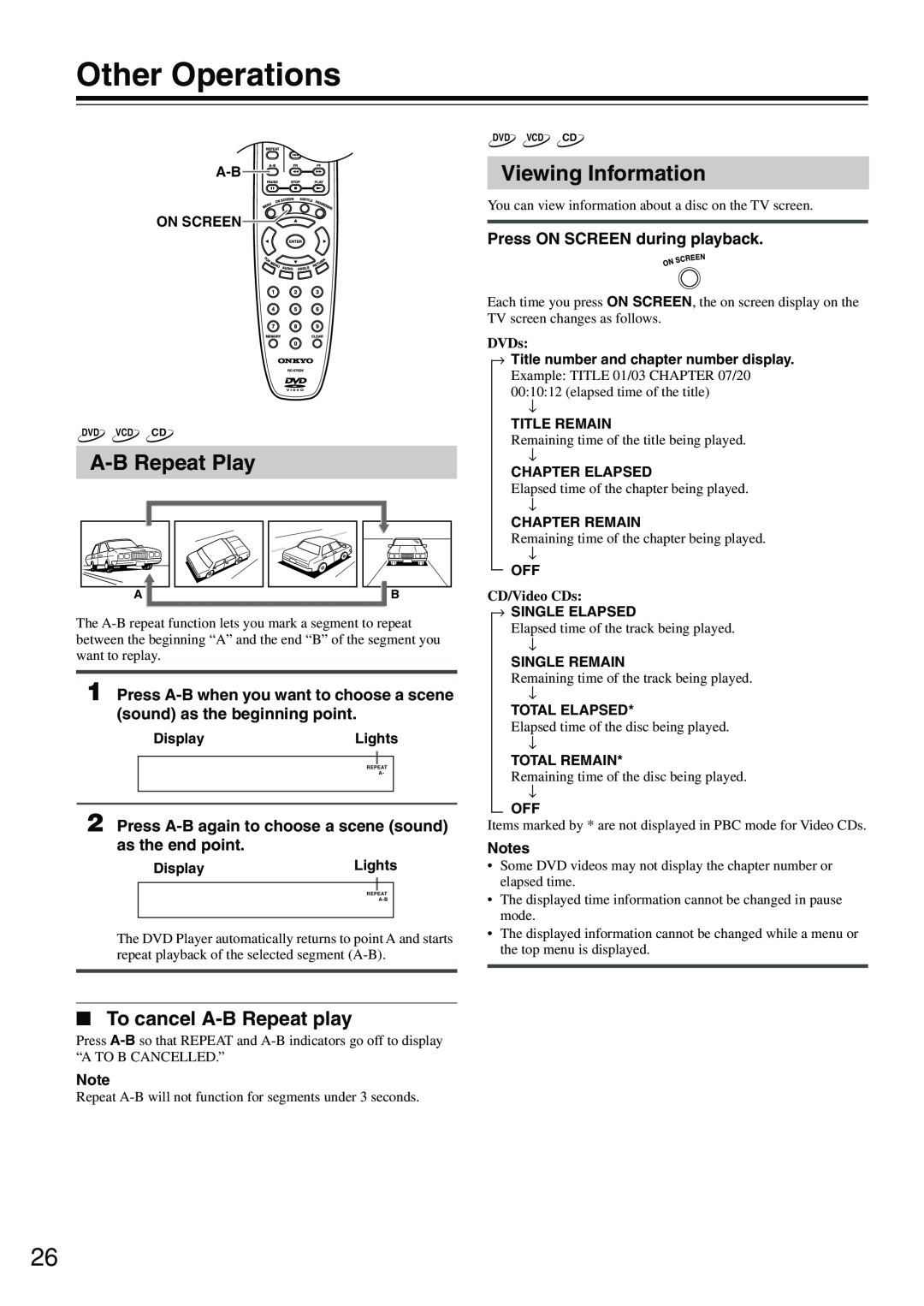 Onkyo DV-SP302 instruction manual A-B Repeat Play, Viewing Information, To cancel A-B Repeat play, Other Operations 