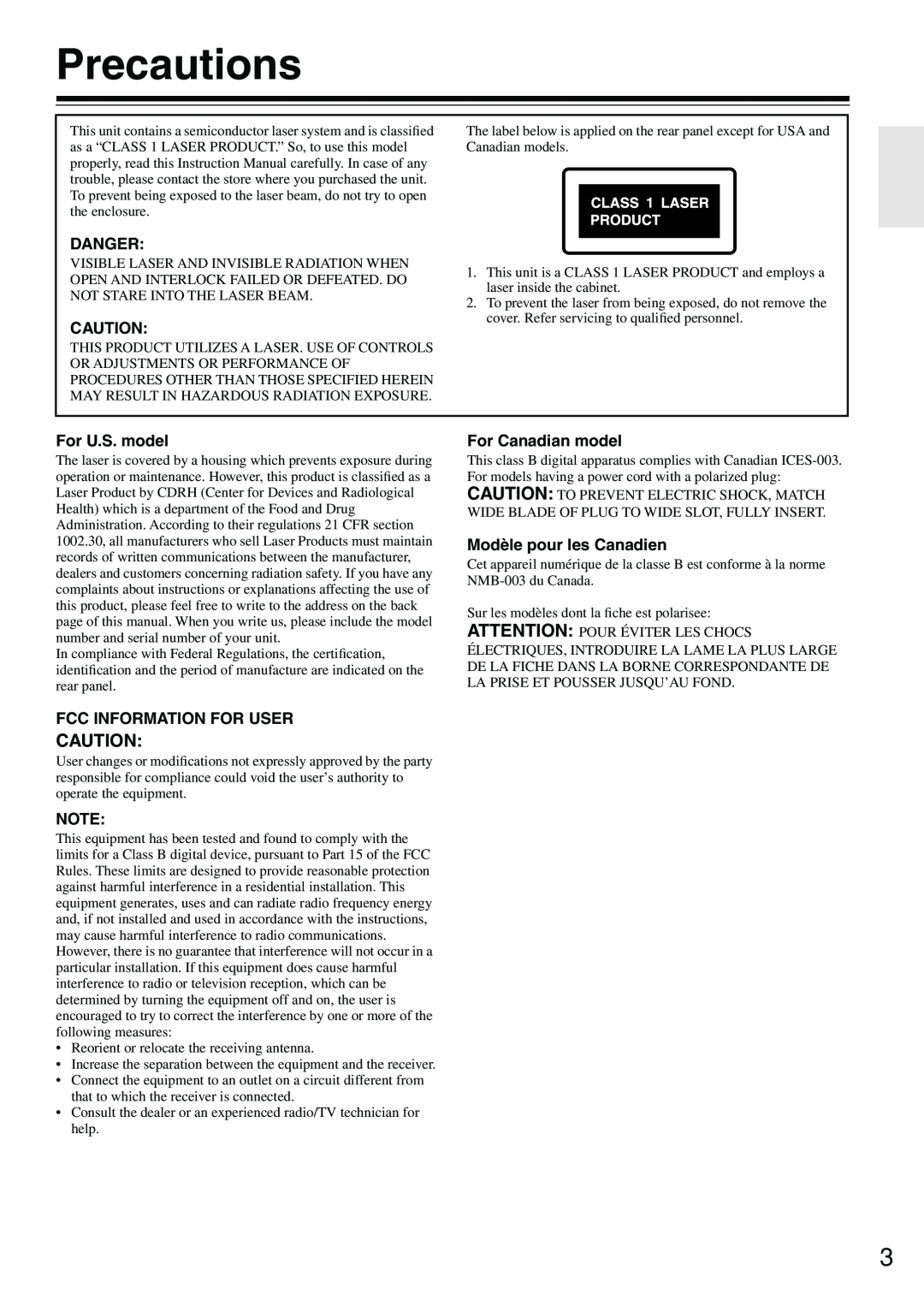 Onkyo DV-SP302 Precautions, Danger, For U.S. model, Fcc Information For User, For Canadian model, Modèle pour les Canadien 