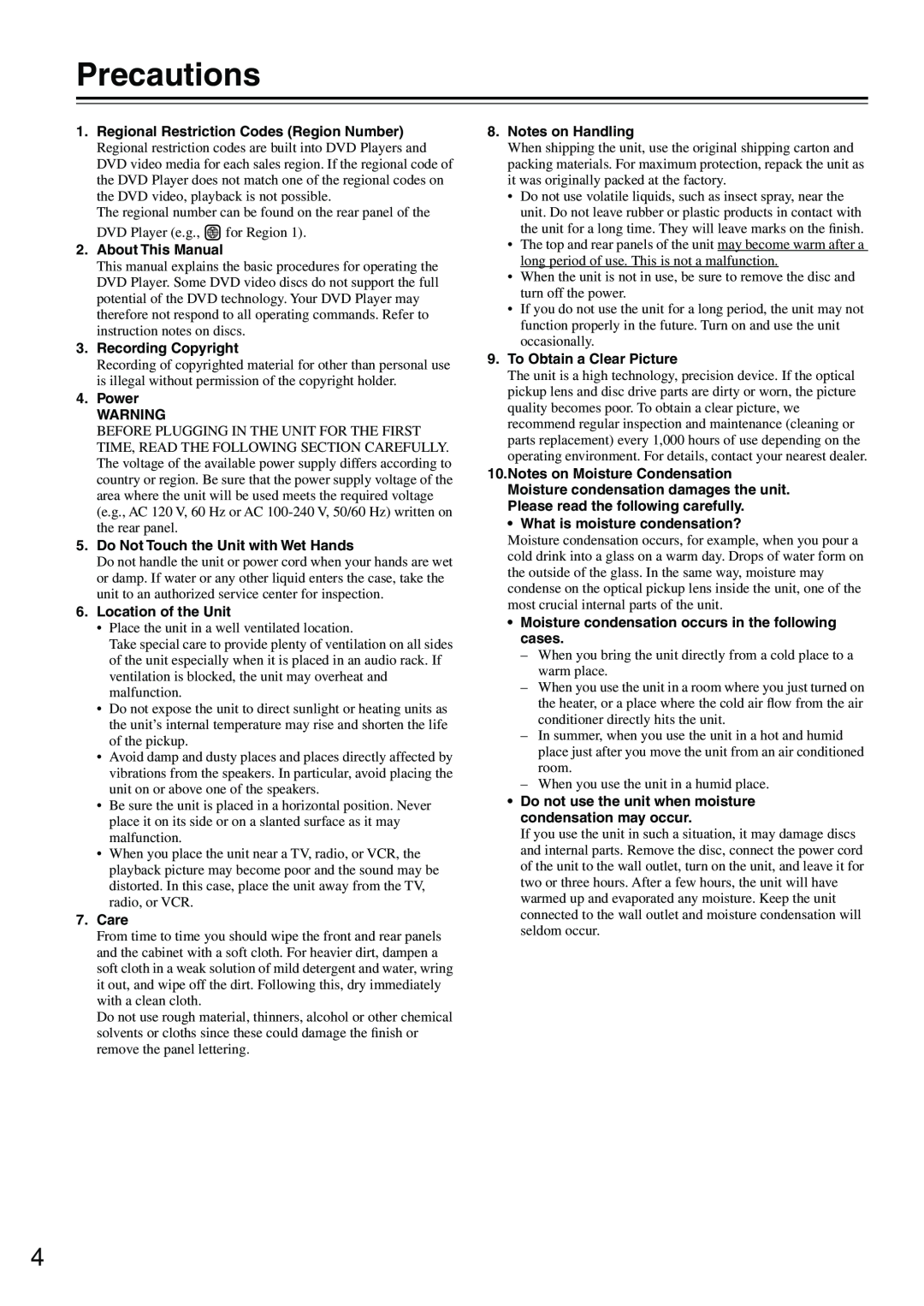 Onkyo DV-SP302 instruction manual Precautions 