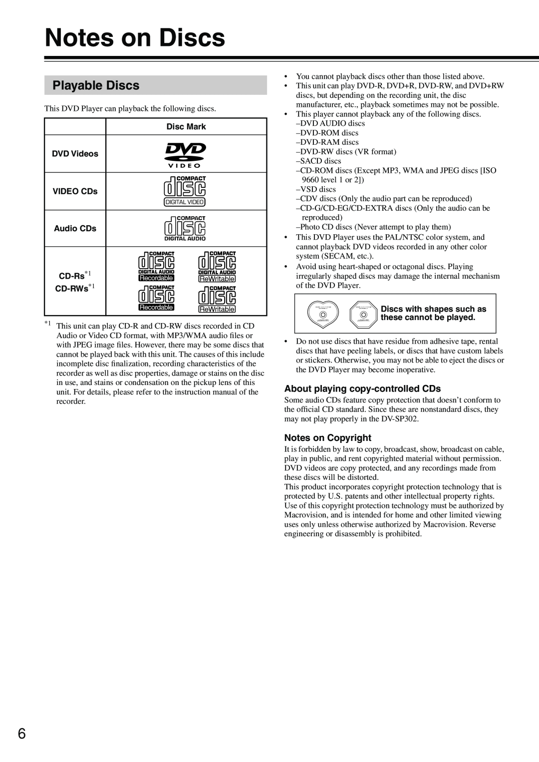 Onkyo DV-SP302 instruction manual Notes on Discs, Playable Discs, About playing copy-controlled CDs, Notes on Copyright 