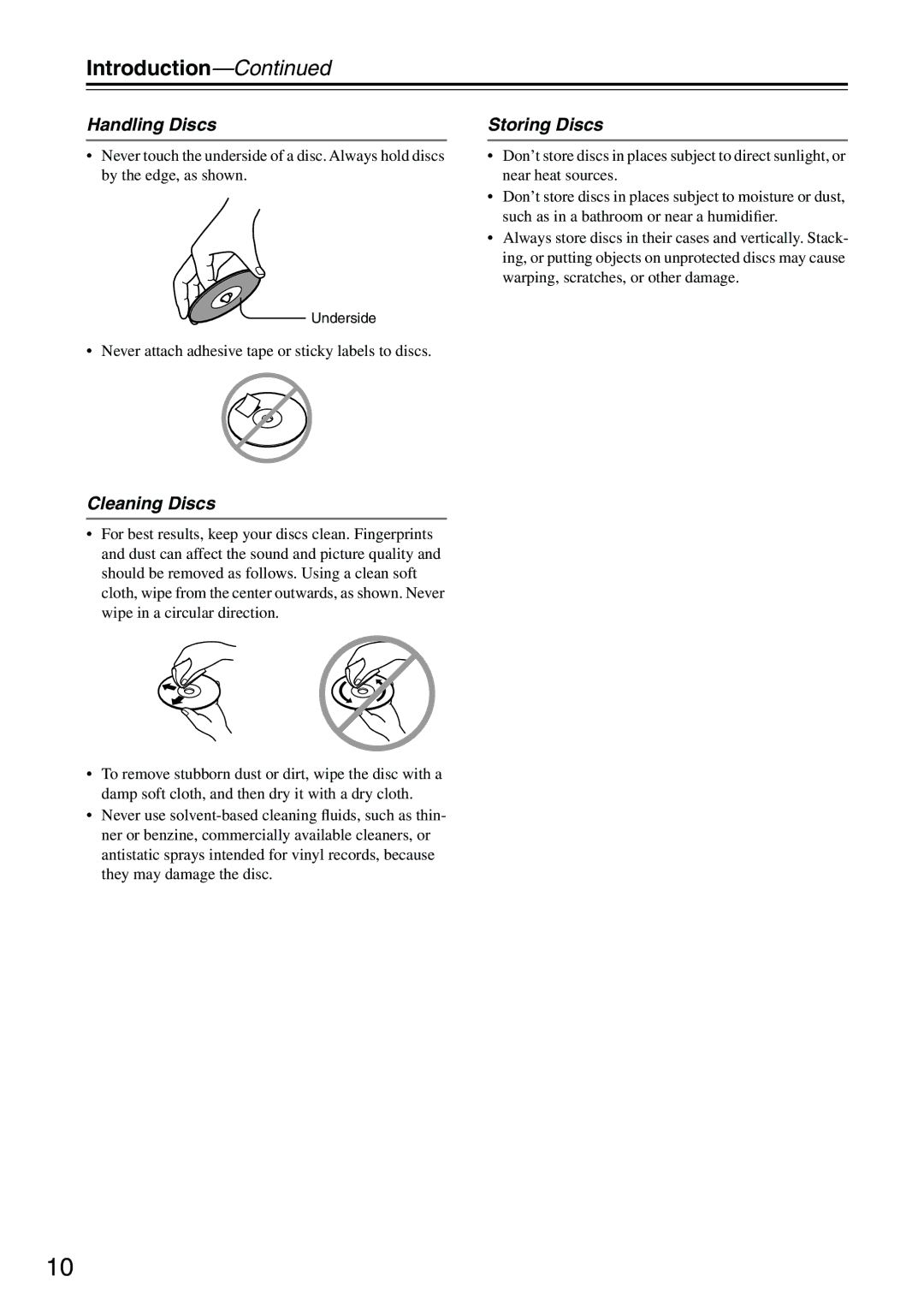 Onkyo DV-SP303E instruction manual Handling Discs, Storing Discs, Cleaning Discs 