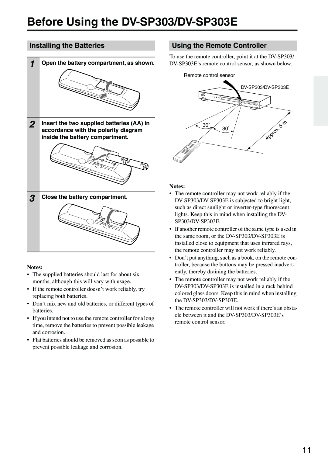 Onkyo instruction manual Before Using the DV-SP303/DV-SP303E, Installing the Batteries, Using the Remote Controller 