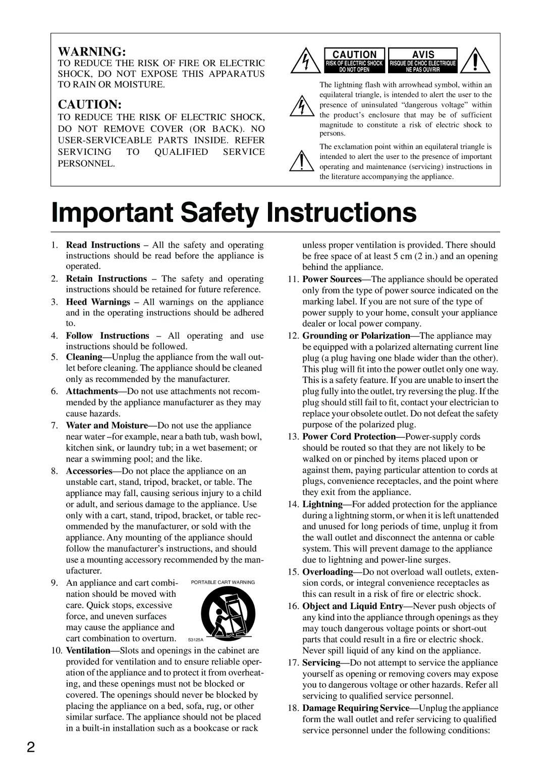 Onkyo DV-SP303E instruction manual Important Safety Instructions 