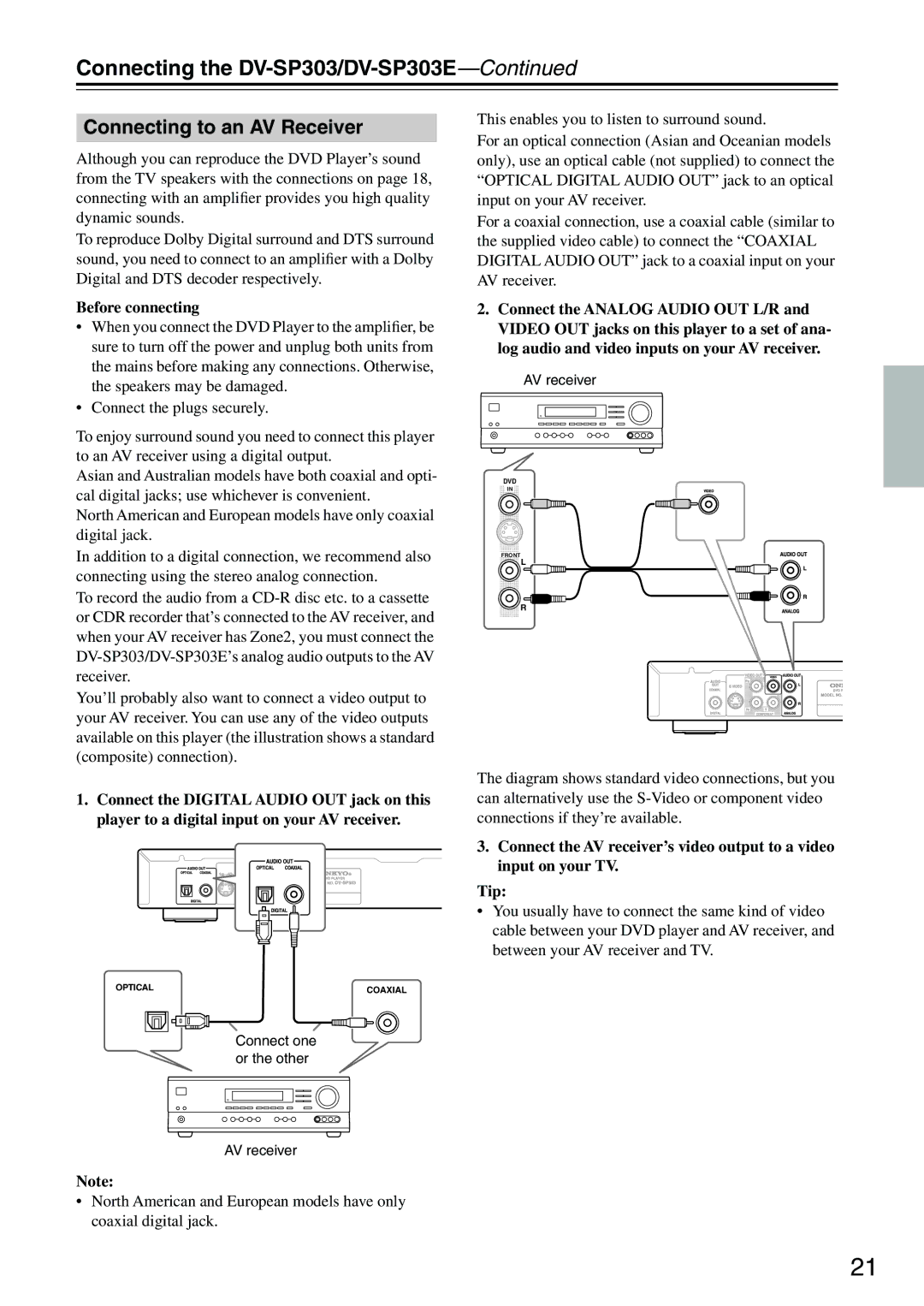 Onkyo DV-SP303E instruction manual Connecting to an AV Receiver, Before connecting 