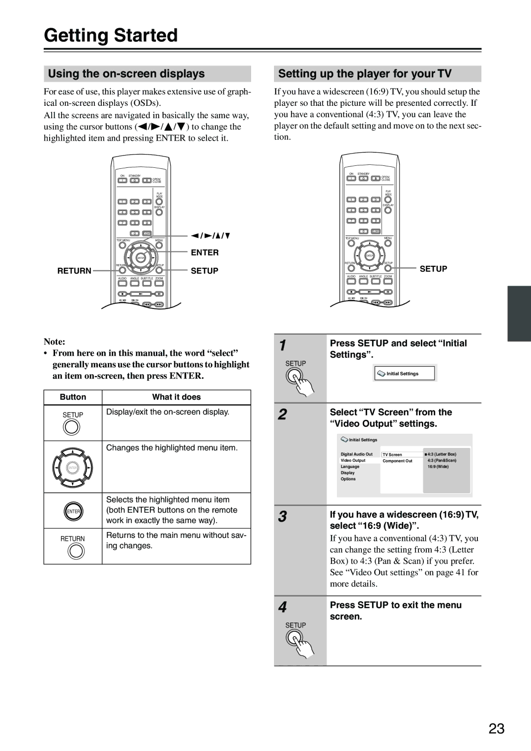 Onkyo DV-SP303E instruction manual Getting Started, Using the on-screen displays, Setting up the player for your TV 