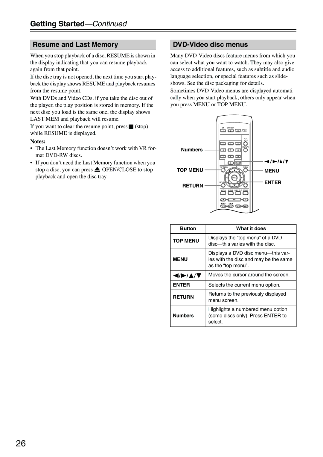 Onkyo DV-SP303E instruction manual Resume and Last Memory, DVD-Video disc menus 