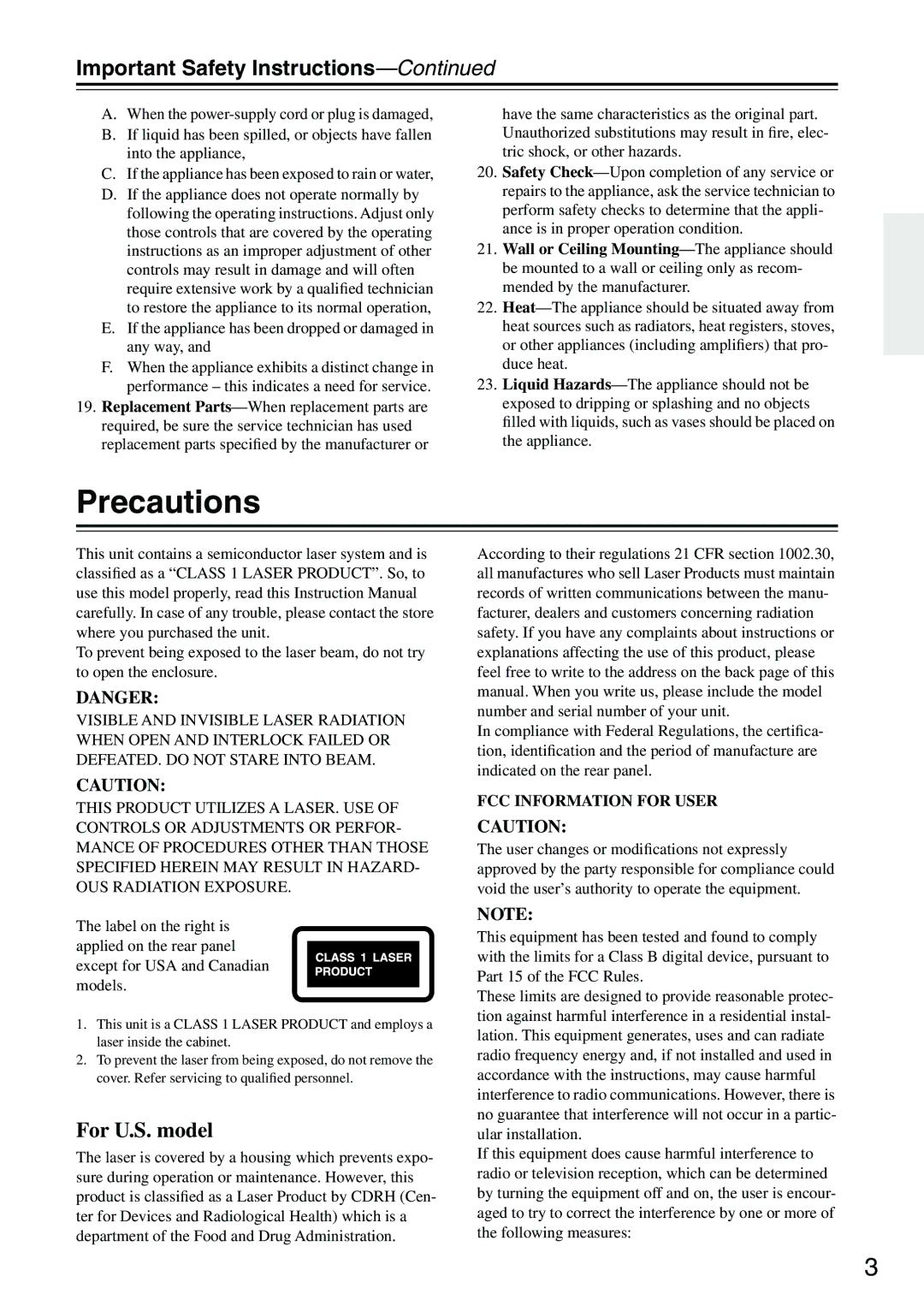 Onkyo DV-SP303E instruction manual Precautions, Important Safety Instructions 