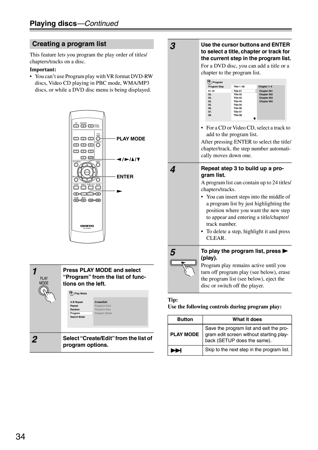 Onkyo DV-SP303E instruction manual Creating a program list 