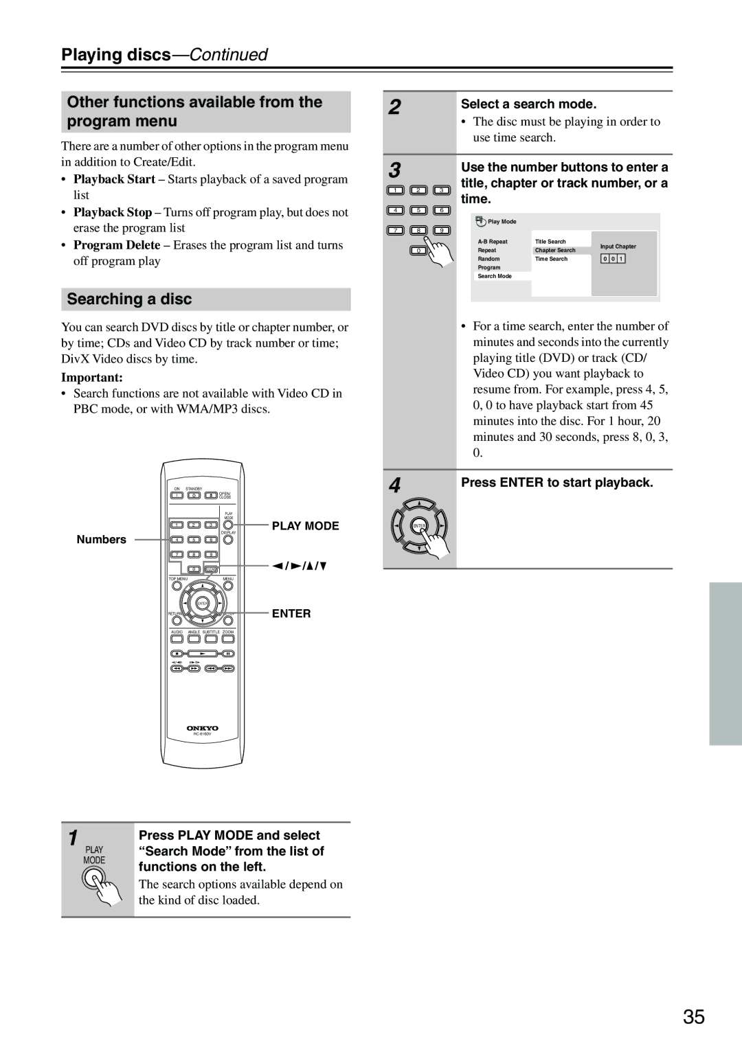 Onkyo DV-SP303E instruction manual Other functions available from the program menu, Searching a disc 