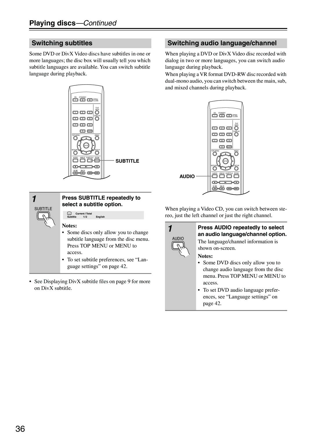 Onkyo DV-SP303E instruction manual Switching subtitles, Switching audio language/channel 