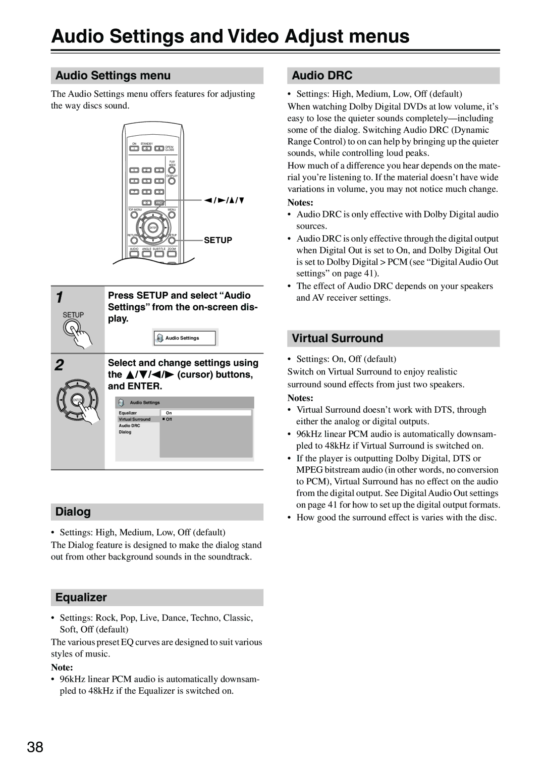 Onkyo DV-SP303E instruction manual Audio Settings and Video Adjust menus 