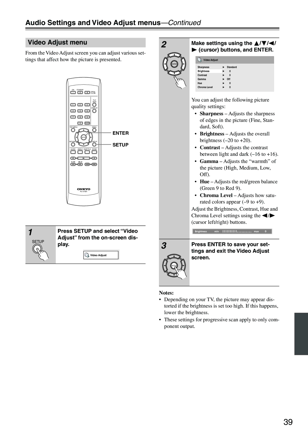 Onkyo DV-SP303E instruction manual Audio Settings and Video Adjust menus 