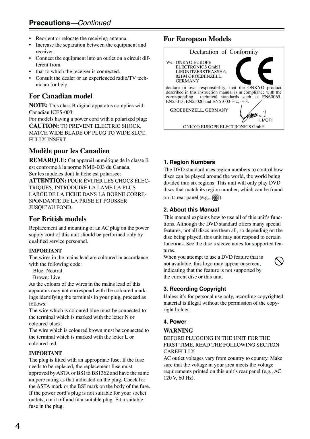 Onkyo DV-SP303E instruction manual Precautions, Modèle pour les Canadien 