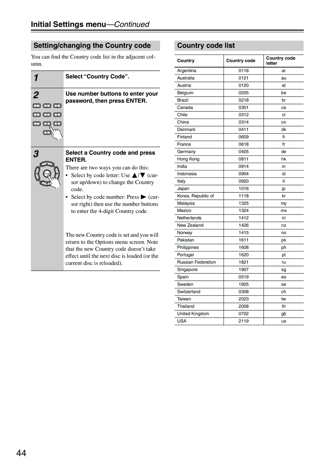 Onkyo DV-SP303E instruction manual Setting/changing the Country code, Country code list 